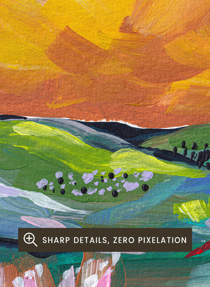 An abstract landscape painting featuring a dramatic yellow and orange sky over green and blue rolling hills, with textured brushstrokes. Shop Vibrant Sunset Landscape by Dirkie Nell, a colorful landscape art print featuring rolling green hills, wildflowers, and a warm golden sunset sky.