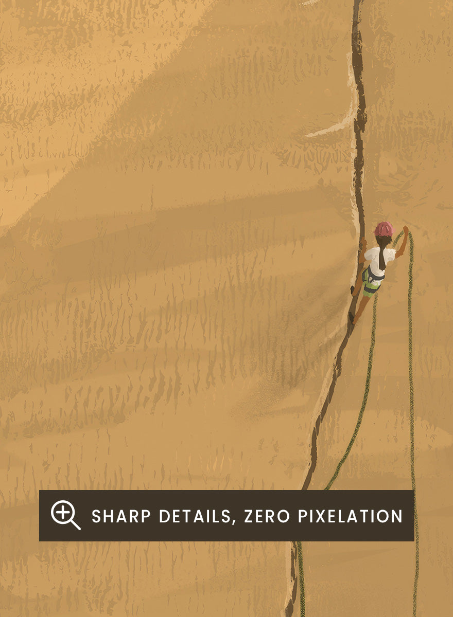 An art print featuring a minimalist illustration of a climber on a massive sandstone cliff, with the caption &