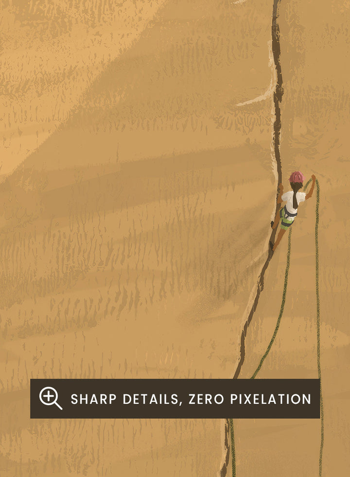 An art print featuring a minimalist illustration of a climber on a massive sandstone cliff, with the caption &