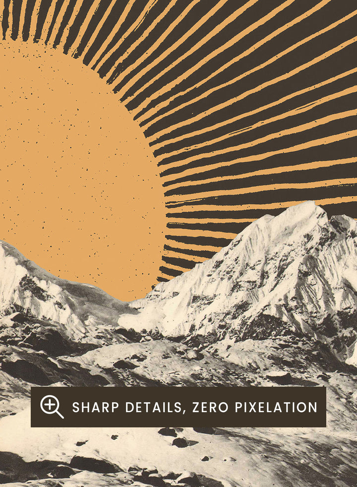 Mountain landscape with a sunburst design in the sky. Mountain Base Camp Sunrise by Florent Bodart is a modern landscape art print with mountains and sunrise rays, a vintage-inspired wall poster with bold graphic contrast.