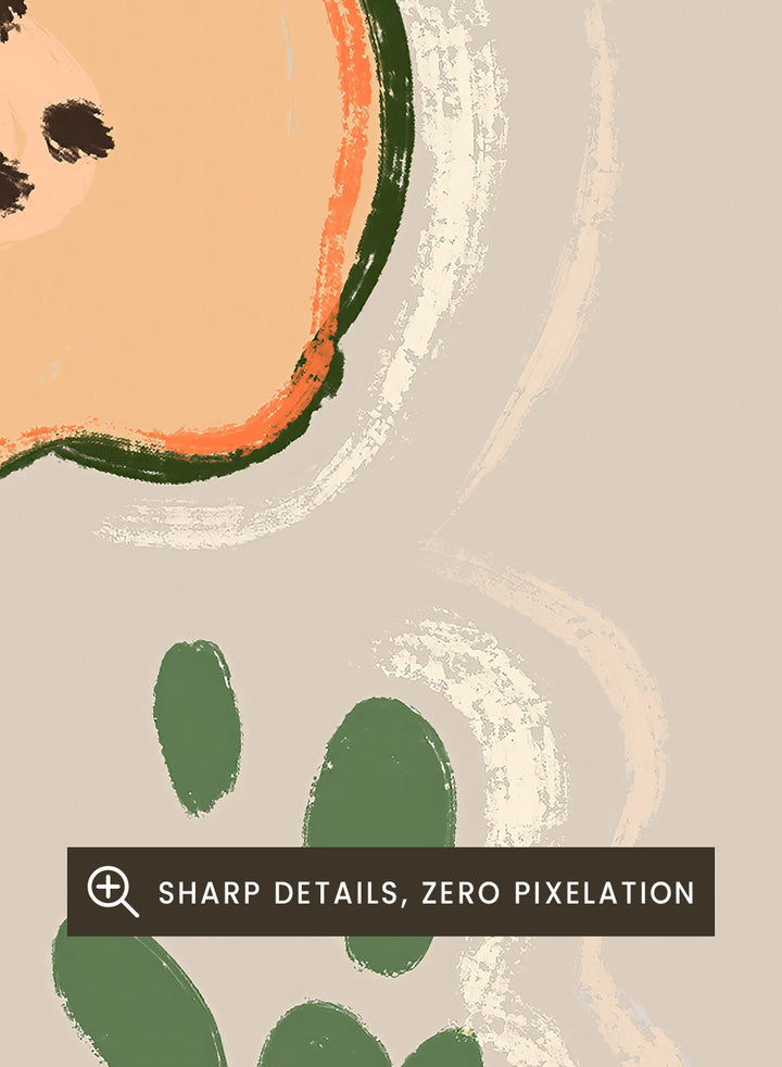 Illustration of a sloth holding a papaya with a beige background. Balancing Fruits by Arty Guava is a modern fruit still life art print with papaya and fig. Officially licensed wall poster for kitchen decor.