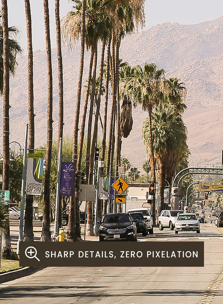 A framed art print featuring a scenic photograph of a palm-lined street in Palm Springs with mountains in the background. Palm-Lined Avenue by Shot by Clint travel photography print featuring a California road, tall palm trees, desert mountains, and soft sun-faded tones.