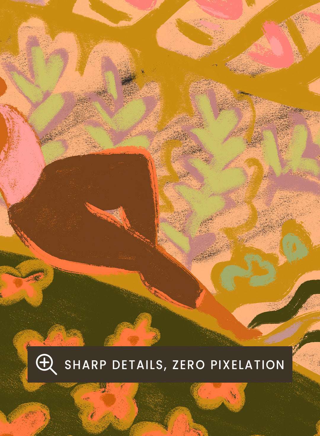 Illustration of a person sitting on a hill with a mountain and sunset in the background. Field Of Flowers by Arty Guava is a colorful landscape art print featuring blooming fields, rolling hills, nature-inspired illustration, and contemporary wall art.