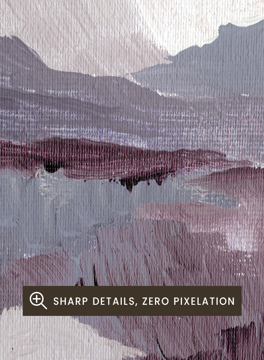 Shop Muted Mountain Landscape by Nikita Jariwala, an abstract mountain wall art print poster featuring misty peaks, layered scenery, and soft purple tones.