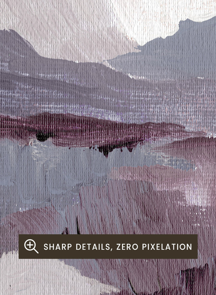 Shop Muted Mountain Landscape by Nikita Jariwala, an abstract mountain wall art print poster featuring misty peaks, layered scenery, and soft purple tones.