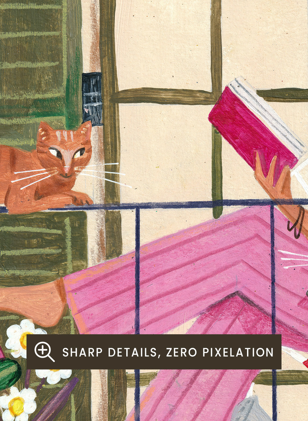 Illustration of a woman reading a book on a balcony with flowers and plants. Balcony Reading With Cats by Caroline Bonne Müller is a fine art print and wall poster of a woman reading on a balcony with cats and flowers in a modern style.