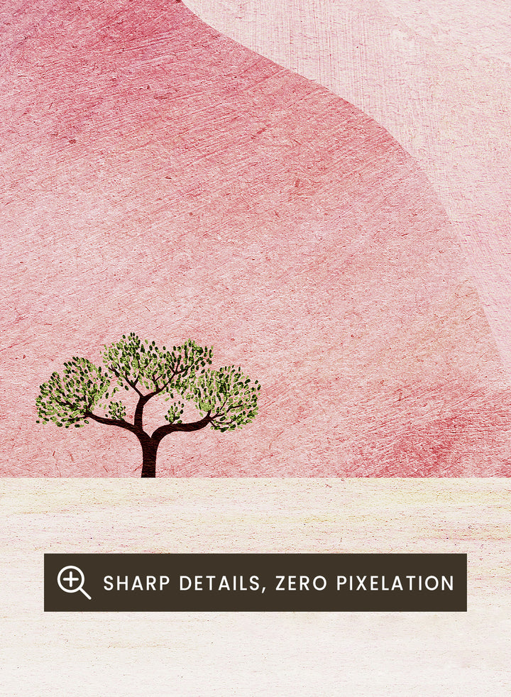 Artistic depiction of a pink desert with a solitary tree and a yellow sun. Pink Desert Solitude by Longwayhome is a minimalist desert art print featuring soft pink dunes, abstract landscape scenery, and calming modern design.