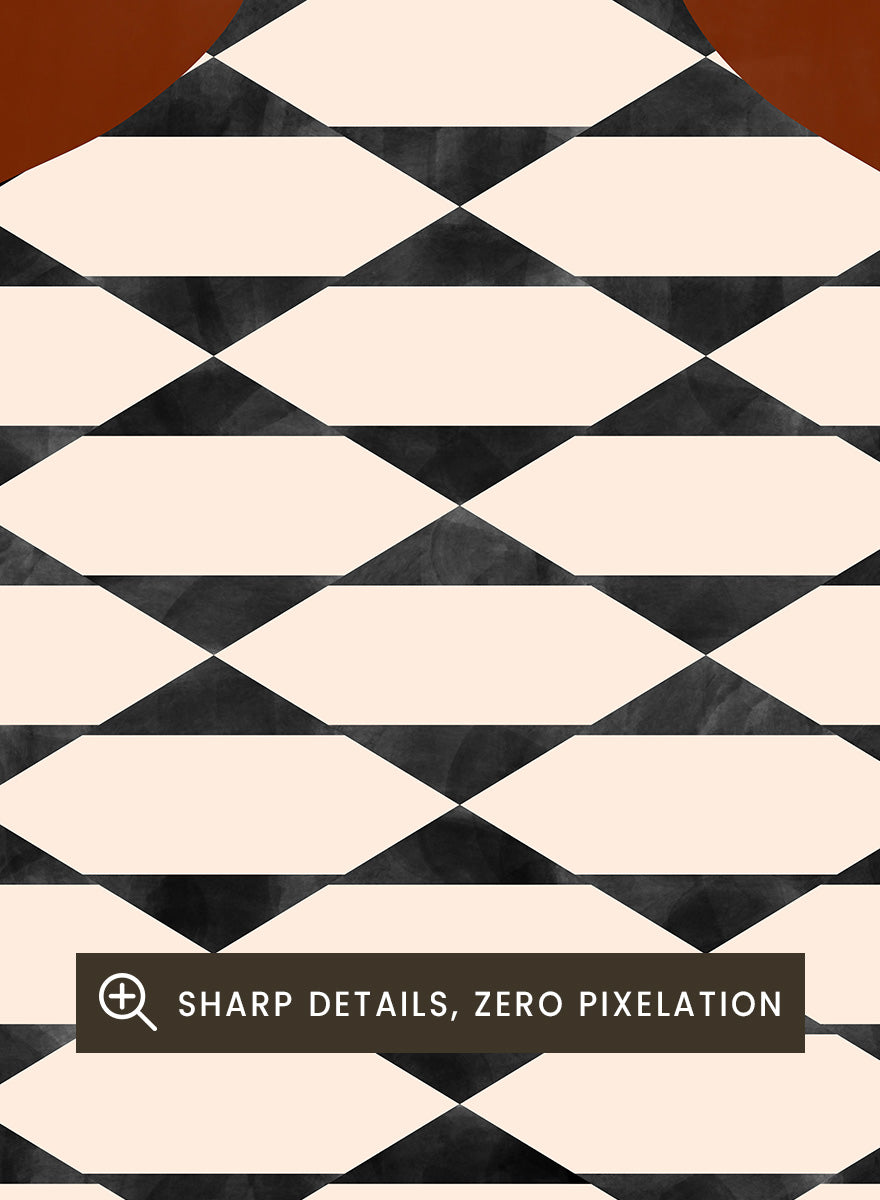 Shop Modern Geometric Vase by Elena Ristova, a modern wall art print poster featuring a black-and-cream patterned vase against a rich rust background.
