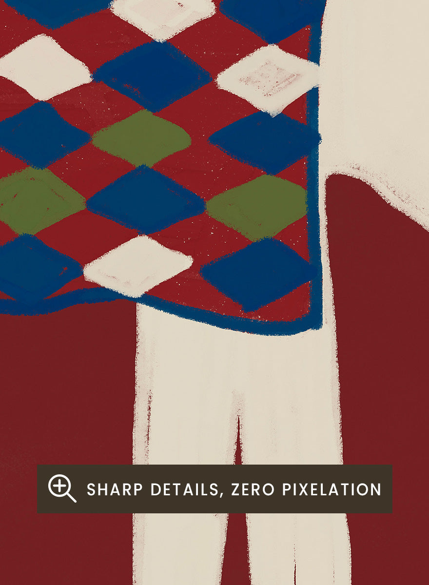 A stylized folk-art illustration of a white horse with a patterned blue, green, and red saddle blanket and blue boots, set against a dark red background with cream-and-red checkered borders at the top and bottom. Whimsical Donkey In Boots by The Art Concept animal art print featuring a white donkey in blue boots with a patterned blanket and rich red background.