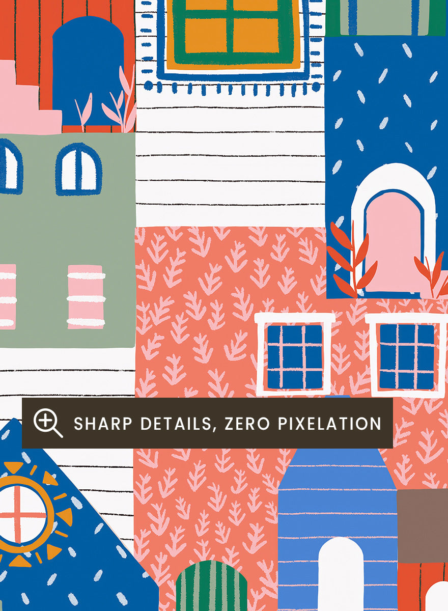 A colorful art print featuring a dense, stylized illustration of houses and buildings in a playful, patterned village scene. Whimsical Cityscape Charm by Ceyda Alasar city art print featuring stacked colorful houses, patterned walls, winding stairs, and playful architectural details.