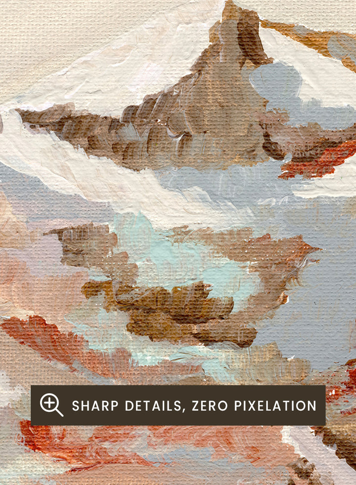 An abstract landscape painting of a snow-capped mountain range with a winding pale blue river, rendered in textured brushstrokes of beige, brown, gray, and muted red tones. Shop Painted Mountain River by Nikita Jariwala, a mountain landscape wall art print poster featuring a winding river, snowy peaks, and soft blue tones.