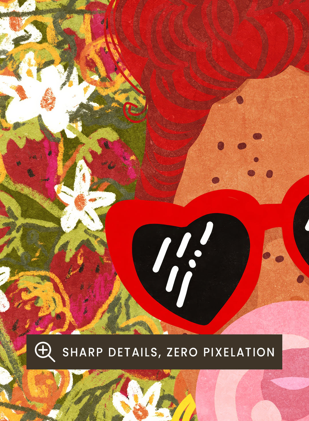 Illustration of a woman with red hair, sunglasses, and a pink bubble gum against a floral background. Strawberry Lady by Raissa Oltmanns fine art print featuring bold female portrait with strawberry background, modern colorful wall decor poster.