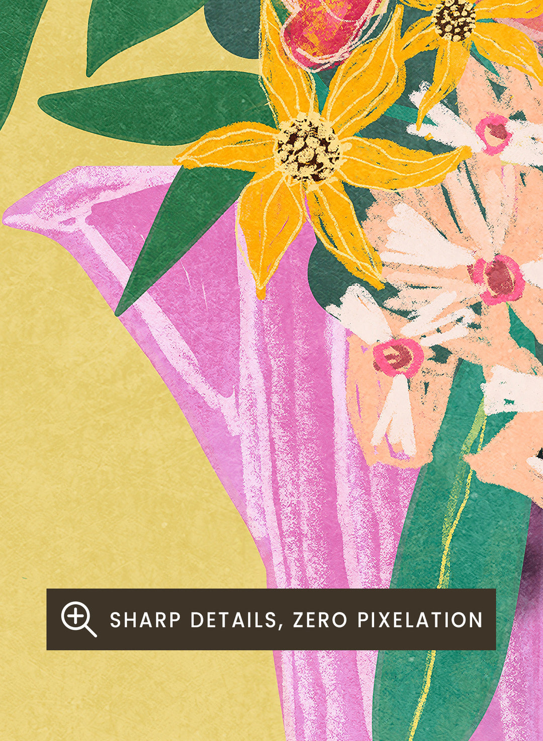 Colorful floral arrangement in a pink vase on a yellow background. Espresso Maker with Flowers by Raissa Oltmanns is a modern floral fine art print featuring a pink moka pot vase still life and bold kitchen wall decor poster.