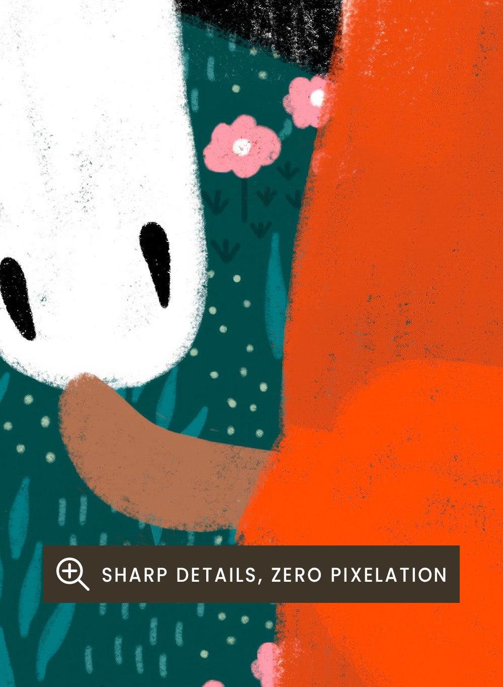 Illustration of a person in an orange outfit hugging a white horse against a pink background with clouds. Vibrant Girl and Horse by Bea Müller is a colorful girl and horse art print featuring modern expressive illustration. Officially licensed wall poster with optional framing.