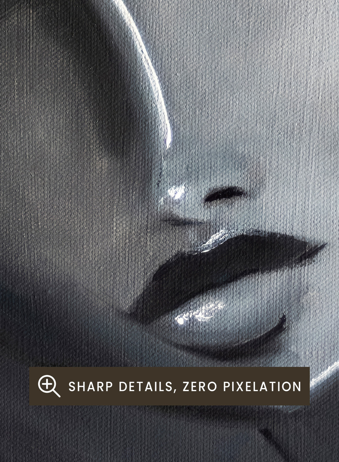 Artistic depiction of a stylized face with long hair on a dark background. Serene Woman Portrait by Amy Straley is a contemporary figurative art print featuring a monochromatic female portrait in soft grey and silver tones.