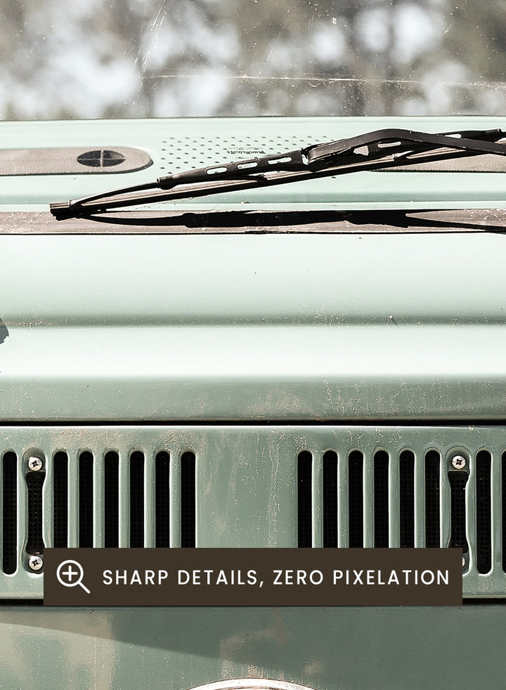 Front view of a vintage green Volkswagen van with clear sky background. Classic Design In Soft Green Tones by Shot by Clint car art print featuring a vintage Volkswagen camper van in soft sage green and warm sunlight.
