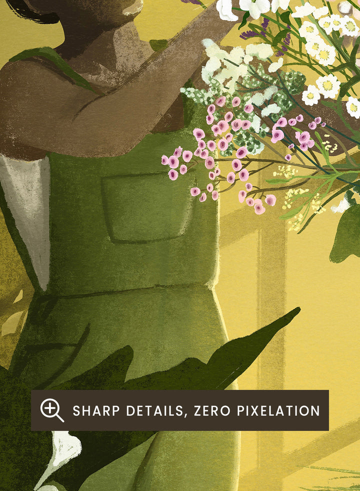 Woman in a green dress holding a bouquet of flowers in a softly lit room. In the Cracks of Light I Dream by Goed Blauw is a floral art print and wall poster featuring a woman arranging flowers in warm window light.