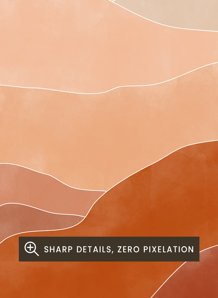 Shop Warm Desert Layers by Elena Ristova, a modern desert wall art print poster featuring layered hills, a terracotta sun, and warm peach, rust, and brown tones.