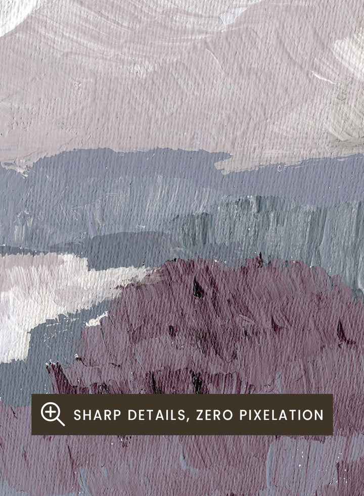 Shop Muted Mountain Layers by Nikita Jariwala, an abstract mountain landscape wall art print poster featuring layered peaks, misty scenery, and soft purple tones.