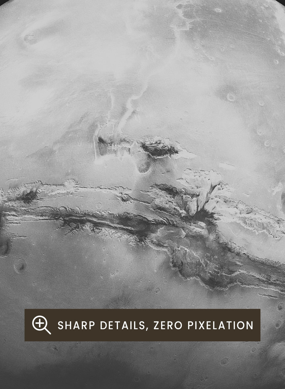 Black and white image of Mars with 'Mars' text at the top on a black background. Planet Mars by Florent Bodart is a minimalist space art print with detailed surface texture, a modern black wall poster inspired by astronomy and science design.