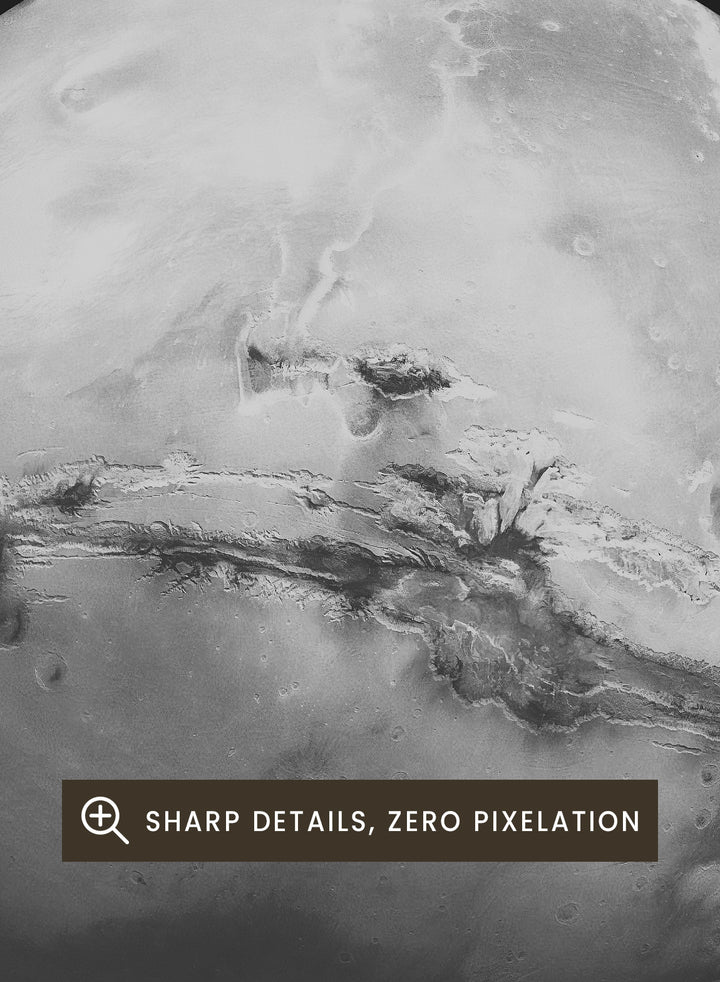 Black and white image of Mars with 'Mars' text at the top on a black background. Planet Mars by Florent Bodart is a minimalist space art print with detailed surface texture, a modern black wall poster inspired by astronomy and science design.