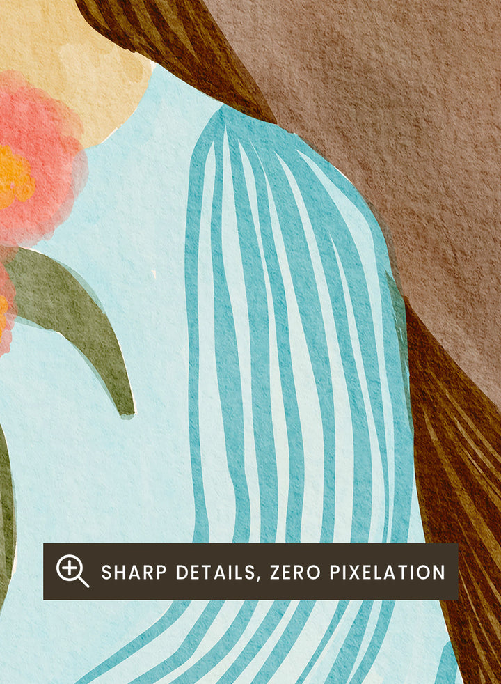 A stylized art print depicting a woman with long brown hair in a light blue striped dress holding a bouquet of pink tulips, set against a textured brown background. Shy Woman Pink Tulips by Nikita Jariwala, a figurative wall art print poster with pink tulips, blue dress illustration, and romantic floral decor.