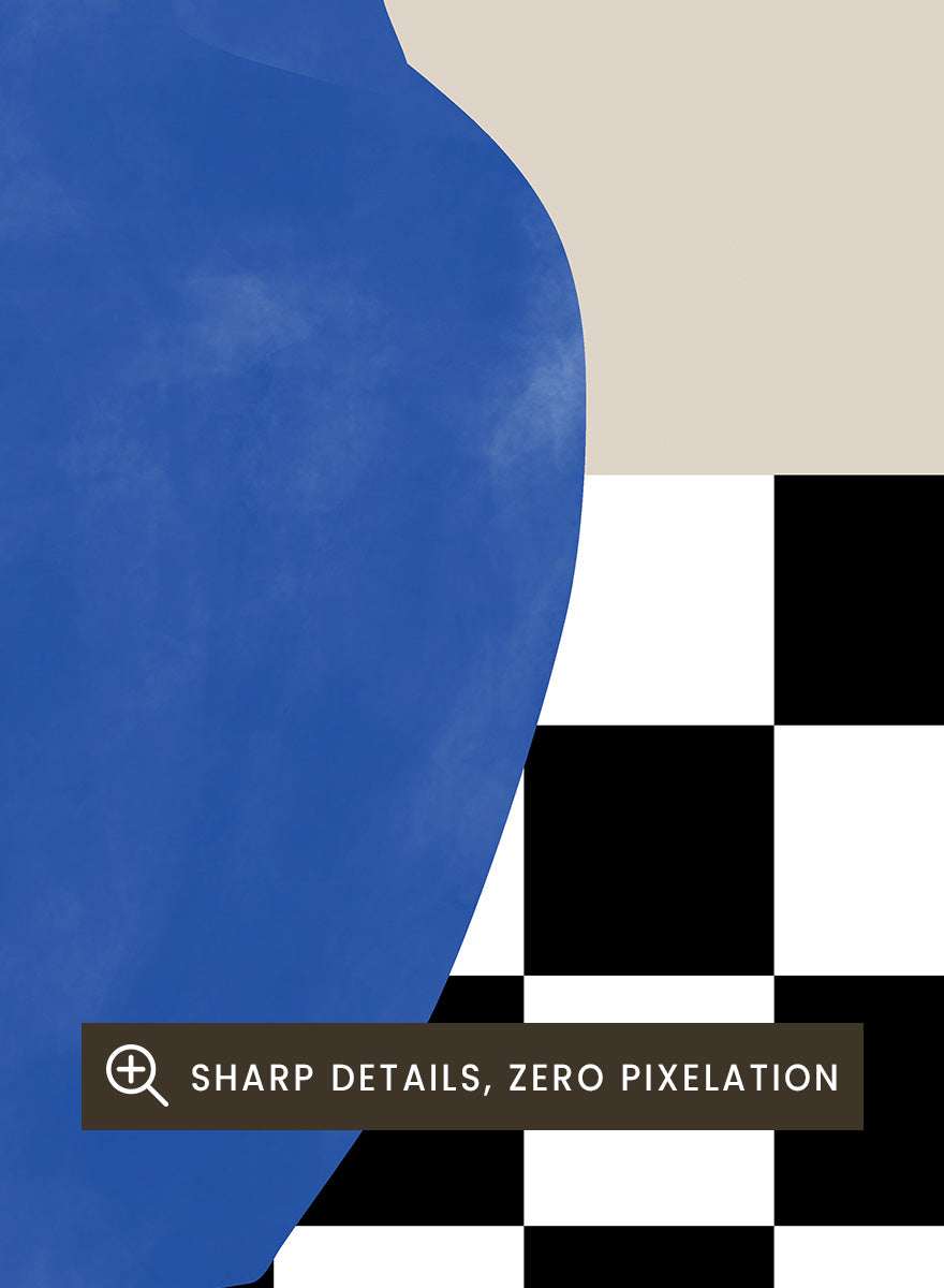 Shop Blue Amphora Still Life by Elena Ristova, a modern still life wall art print poster featuring a cobalt blue vase and bold black-and-white checkerboard pattern.