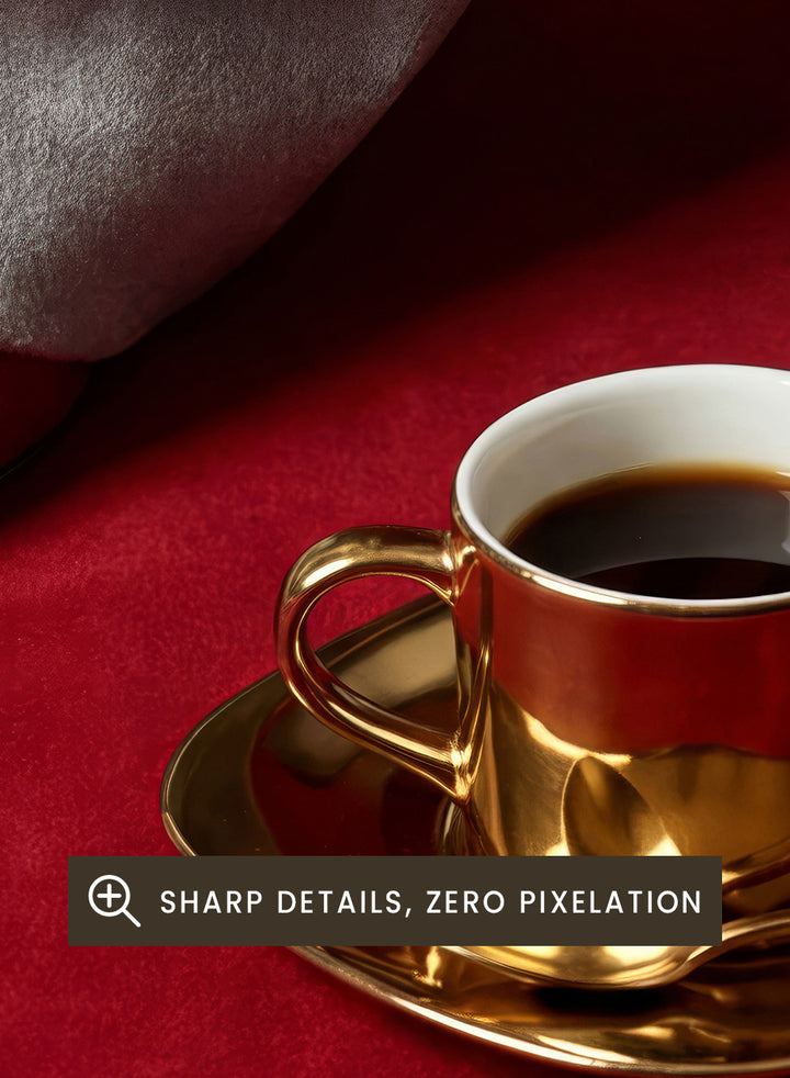 White pants with red shoes on a red carpet, featuring a gold cup and saucer with coffee. Red Shoes and Coffee by Andreas Magnusson is a fashion photography art print featuring red heels and espresso. Officially licensed modern wall poster.