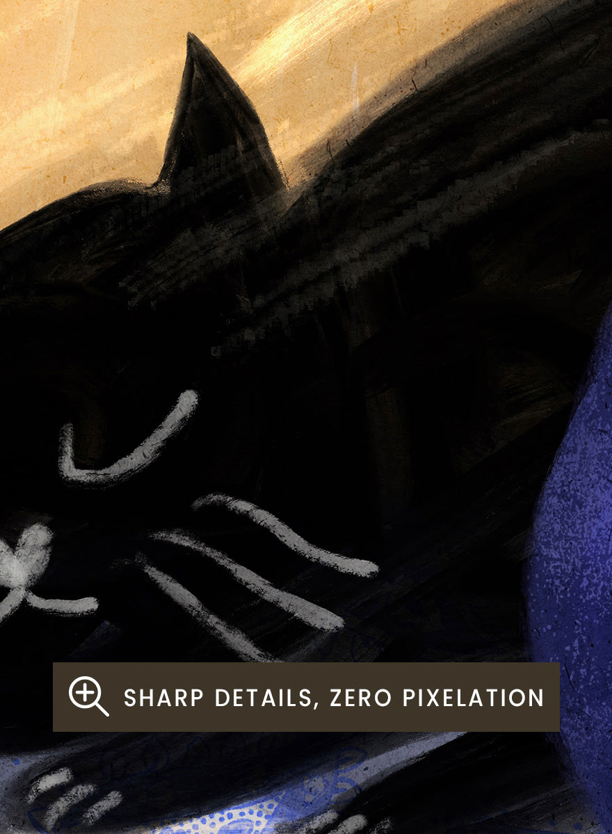 A stylized still life painting featuring a black cat lying on a blue-and-white patterned surface beside a dark blue vase with green leaves, against a warm beige background. Shop the Sleeping Black Cat art print by Dirkie Nell, featuring a curled black cat, bold cobalt blue vase, green leaves and playful patterned details.