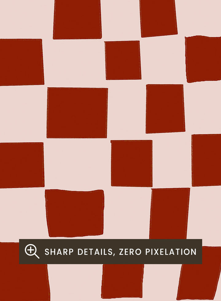 A stylized graphic print of a vase with a red and off-white checkerboard pattern, set against an olive green background. Retro Checkered Vase by The Art Concept is a modern still life art print featuring a red checkered vase, olive green background, and playful retro style.