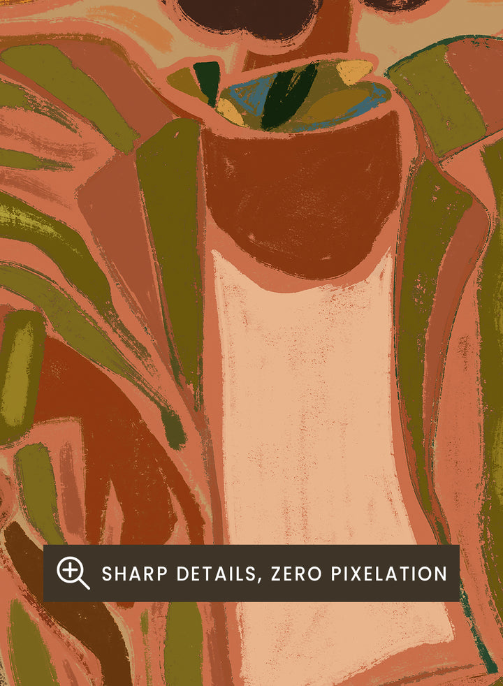 Artistic depiction of a person wearing a straw hat and patterned dress in a tropical setting. Lady in Stripe by Arty Guava art print featuring woman in straw hat and striped shirt with tropical palm landscape and warm contemporary illustration wall art poster.