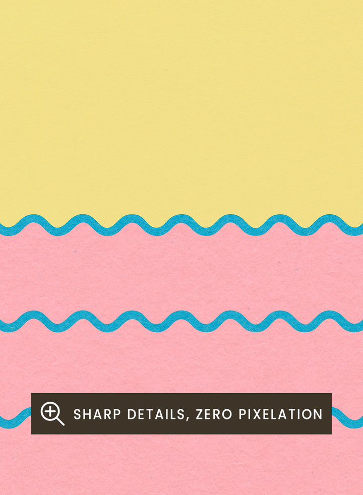 Simplified illustration of a sunset over water with blue waves on a pink background. Every Day the Sun Rises by Rosi Feist is a minimalist sun and waves art print with pink sky. Officially licensed modern poster with framing.