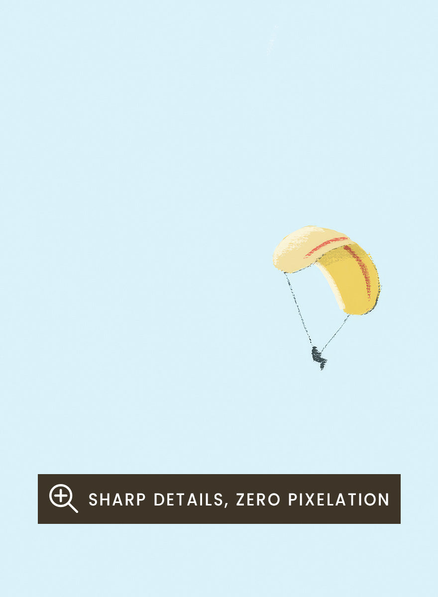 A minimalist art print featuring a light blue sky with white clouds and a small yellow-and-white parachute near the center, framed by a black border with the quote &
