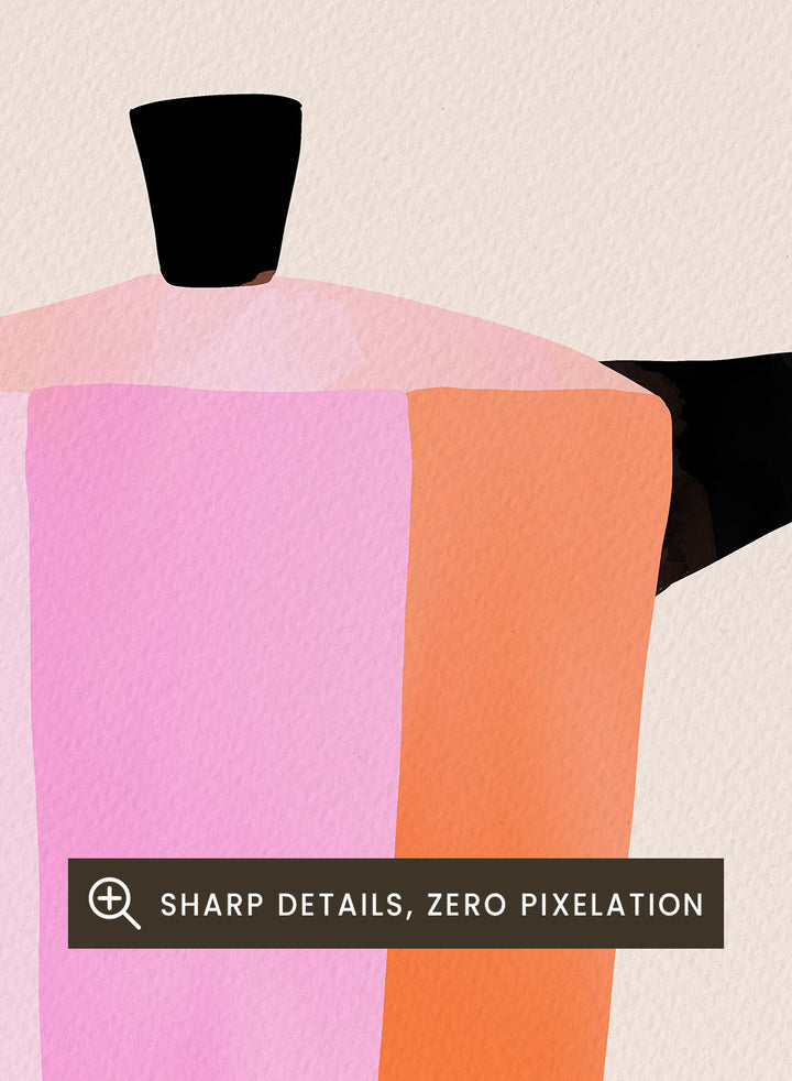 Colorful pink striped coffee maker with 'Buongiorno Espresso' text on a beige background. Buongiorno Espresso by Baroo Bloom is a modern coffee art print featuring a colorful moka pot illustration. Officially licensed wall poster with optional framing.