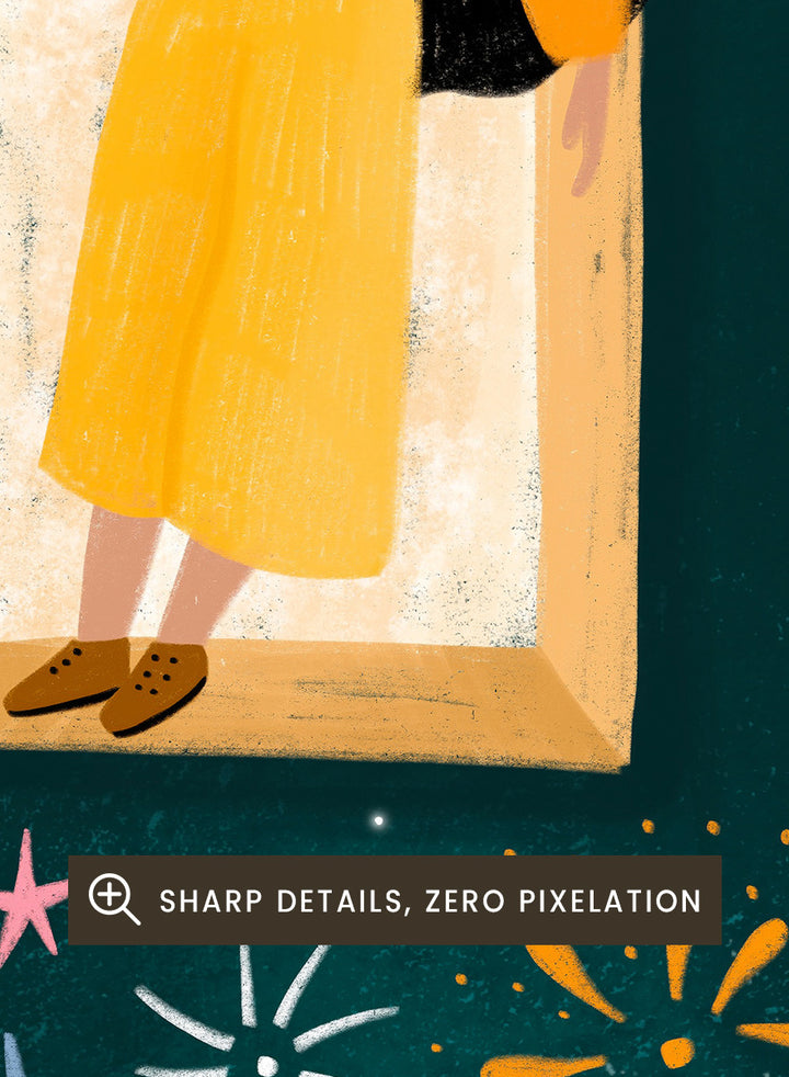 A framed art print featuring a whimsical illustration of a woman in a yellow dress standing in a mirror, with her reflection spreading colorful fireworks and space-themed motifs like planets and stars across a dark teal background. Shop Girl and Cosmic Fireworks by Bea Müller, a figurative wall art print poster featuring a woman, planets, stars, and colorful cosmic fireworks in deep green tones.