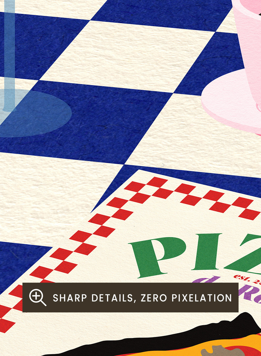 Pizza box with 'Pizza da Ross' branding on a blue and white checkered background. The Italian Menu by Rosi Feist is a modern kitchen wall art print featuring pizza and espresso in a bold minimalist food poster style.