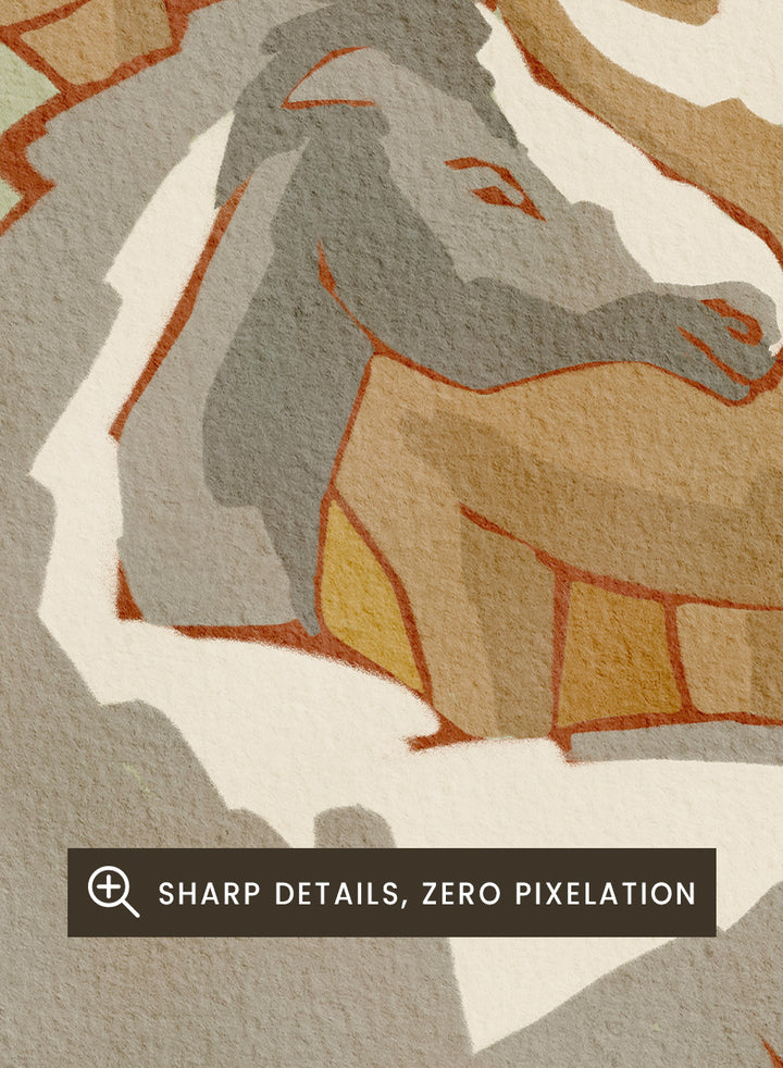 Shop Calm Horse Family by Nikita Jariwala, a modern horse wall art print featuring two horses in soft abstract shapes with warm ochre, cream, gray, and beige tones.