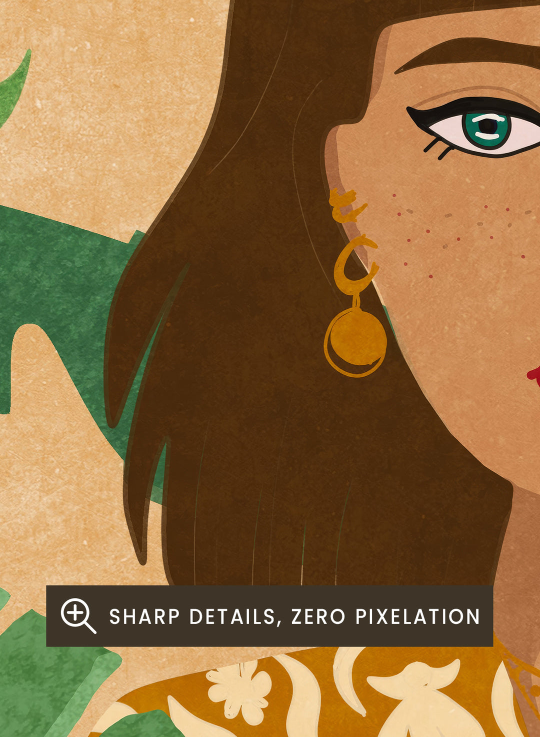 Illustration of a woman holding flowers with green leaves in the background. Plant Lady by Raissa Oltmanns fine art print featuring modern botanical woman portrait with daisies and green leaves, contemporary wall art poster.