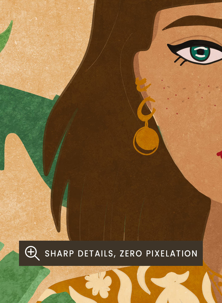 Illustration of a woman holding flowers with green leaves in the background. Plant Lady by Raissa Oltmanns fine art print featuring modern botanical woman portrait with daisies and green leaves, contemporary wall art poster.