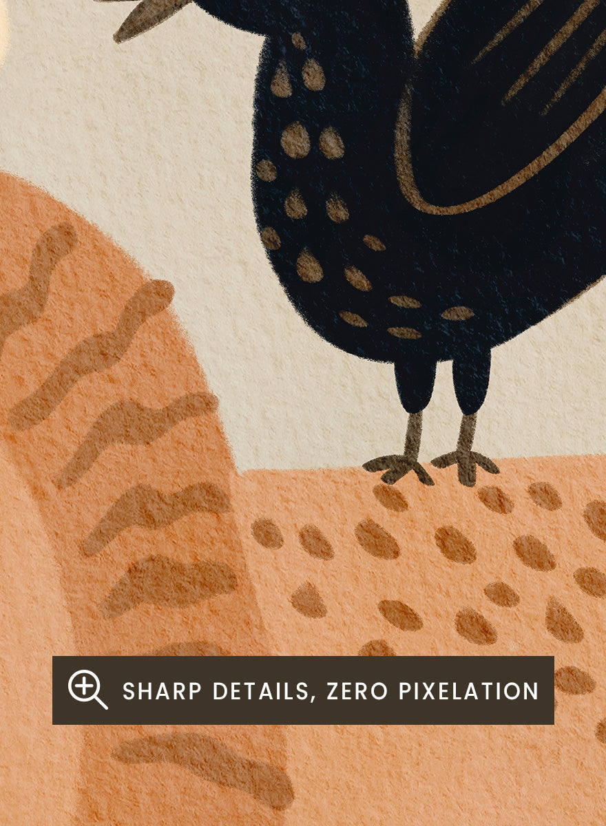 A stylized illustration of a lion and a crow on a cream background with clouds and dotted ground. The lion is tan and peach with brown stripes in its mane, and the crow is black with small gold spots. Shop Friendly Lion And Bird by Nikita Jariwala, a nursery wall art print poster with a lion, bird, animal illustration, and beige tones.