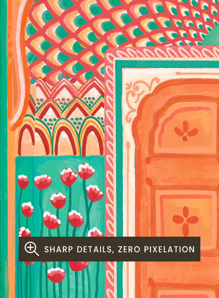 A colorful traditional Indian-style architectural artwork depicting an ornate arched doorway with a peach-orange double door, teal and pink patterned walls, floral motifs, and small statue figures on either side. Shop Vibrant Indian Archway by Nidhi Kachhadiya, a colorful Indian wall art print featuring an ornate archway, floral details, and coral pink tones.