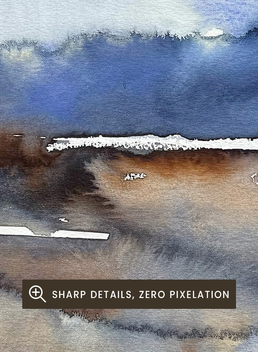 Shop Abstract Fluid Horizon by Helena Ryhle, an abstract landscape wall art print poster featuring fluid watercolor, a blue horizon, and earthy coastal tones.