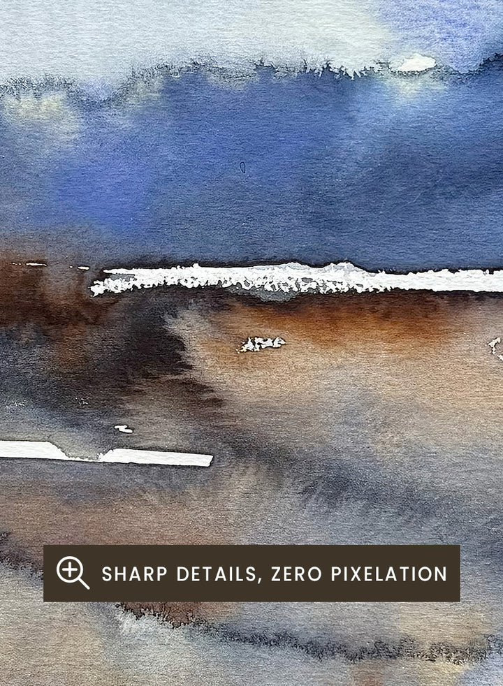 Shop Abstract Fluid Horizon by Helena Ryhle, an abstract landscape wall art print poster featuring fluid watercolor, a blue horizon, and earthy coastal tones.