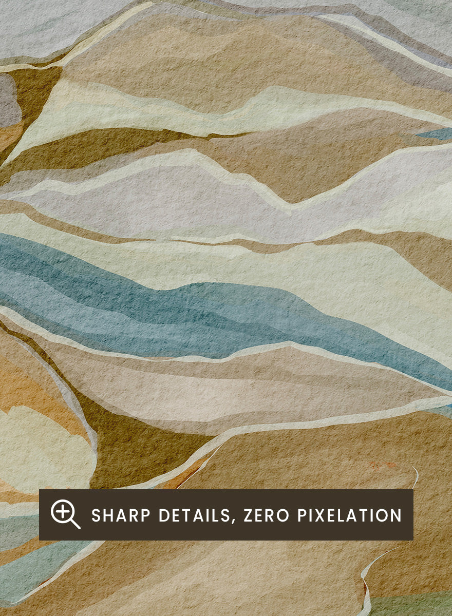 Framed abstract landscape wall art featuring layered hills and winding blue river-like lines in beige, tan, muted green, and blue tones, shown against a light neutral background. Shop Abstract Mountain Serenity by Nikita Jariwala, a modern mountain wall art print featuring layered abstract hills, earthy tones, and soft blue and sage accents.