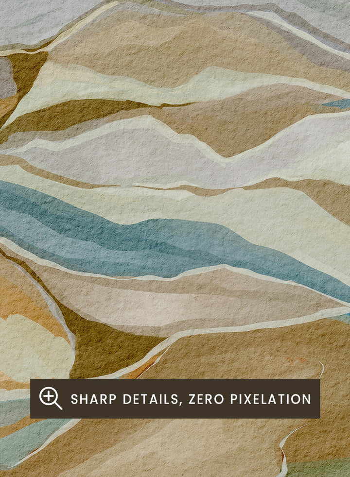 Framed abstract landscape wall art featuring layered hills and winding blue river-like lines in beige, tan, muted green, and blue tones, shown against a light neutral background. Shop Abstract Mountain Serenity by Nikita Jariwala, a modern mountain wall art print featuring layered abstract hills, earthy tones, and soft blue and sage accents.