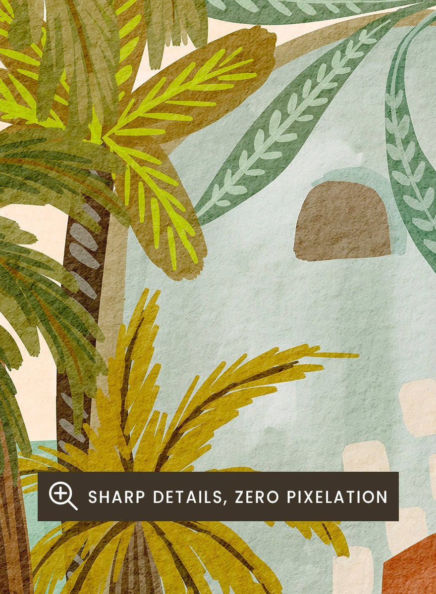 A framed art print featuring a whimsical, retro-style illustration of a tropical city with palm trees, colorful buildings, and flowers. Shop Vibrant Tropical Village by Nikita Jariwala, a tropical wall art print poster with palm trees, colorful village architecture, botanical scenery, and green tones.