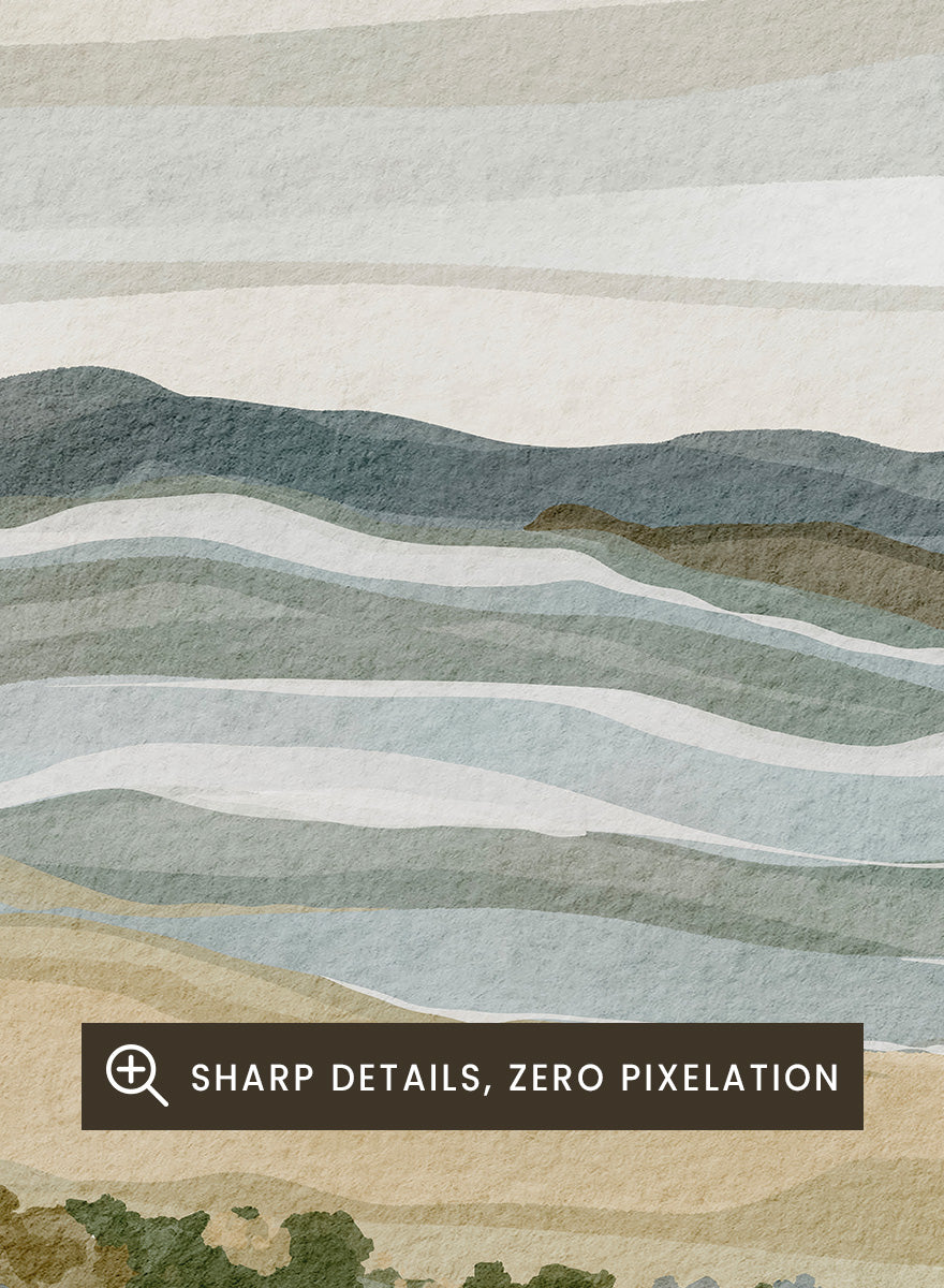 Shop Abstract Coastal Serenity by Nikita Jariwala, a modern coastal wall art print poster with layered waves, sandy shore, and soft blue, beige, green, and lavender tones.