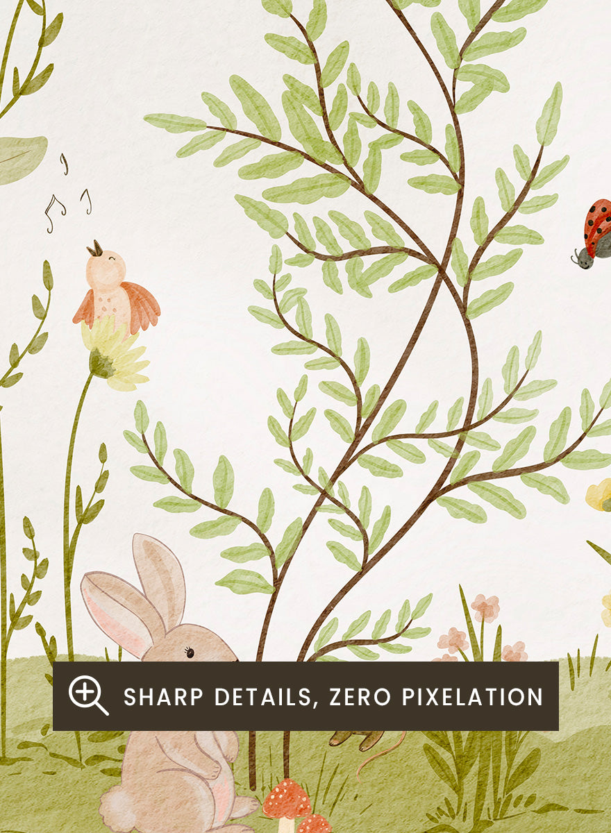 A framed art print featuring a whimsical, watercolor-style illustration of a garden with birds, butterflies, flowers, rabbits, and small animals on a light cream background. Shop Woodland Animal Friends by Nikita Jariwala, a woodland animal wall art print poster with rabbit, duck, hedgehog, butterflies, flowers, and green tones.