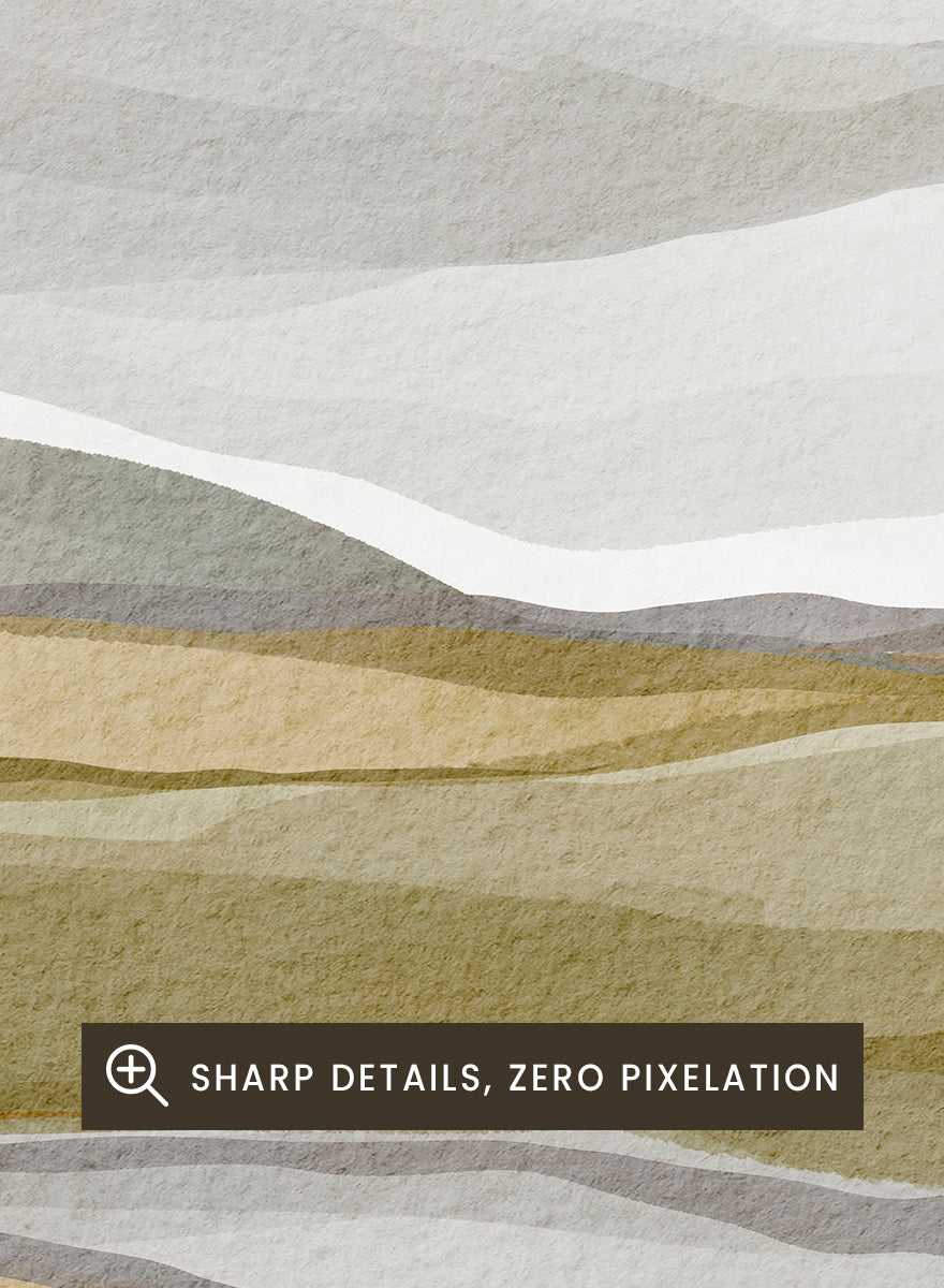 Shop Earthy Abstract Landscape by Nikita Jariwala, an abstract landscape wall art print poster featuring layered hills, distant mountains, and earthy green tones.