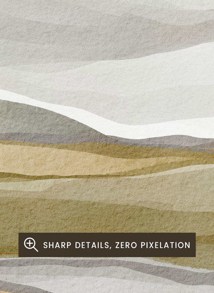 Shop Earthy Abstract Landscape by Nikita Jariwala, an abstract landscape wall art print poster featuring layered hills, distant mountains, and earthy green tones.